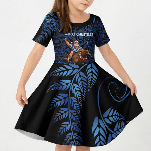 New Zealand Christmas Kid Short Sleeve Dress Santa Riding Kiwi Bird Silver Fern