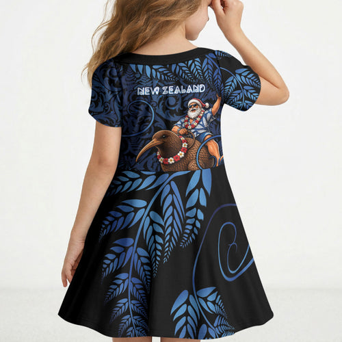 New Zealand Christmas Kid Short Sleeve Dress Santa Riding Kiwi Bird Silver Fern