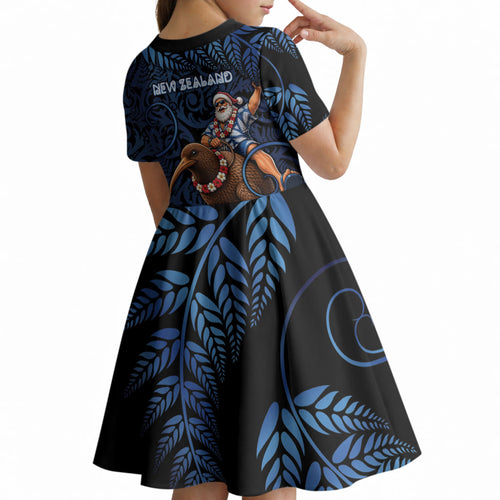 New Zealand Christmas Kid Short Sleeve Dress Santa Riding Kiwi Bird Silver Fern