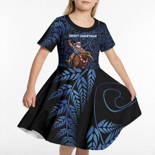 New Zealand Christmas Kid Short Sleeve Dress Santa Riding Kiwi Bird Silver Fern