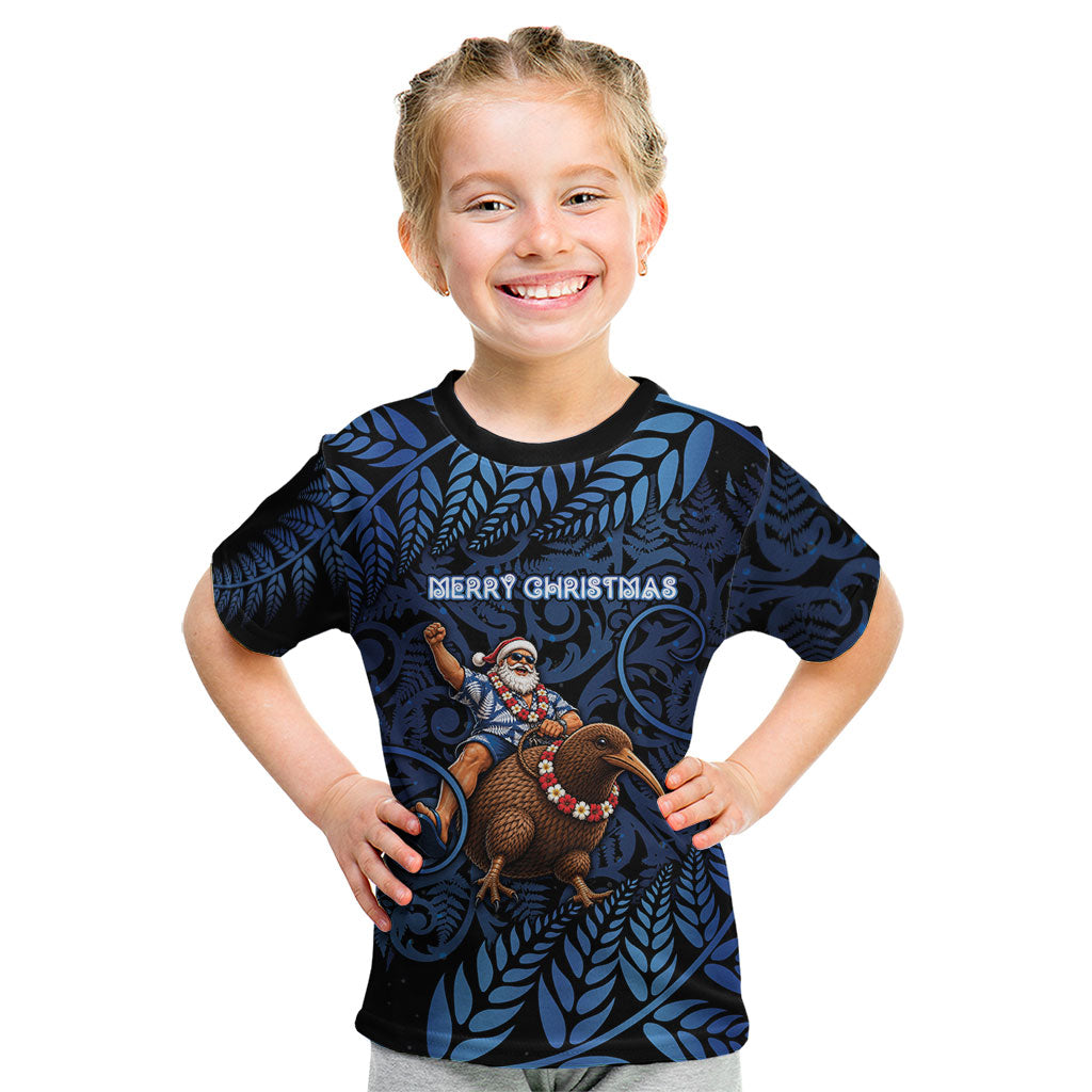 New Zealand Christmas Kid T Shirt Santa Riding Kiwi Bird Silver Fern