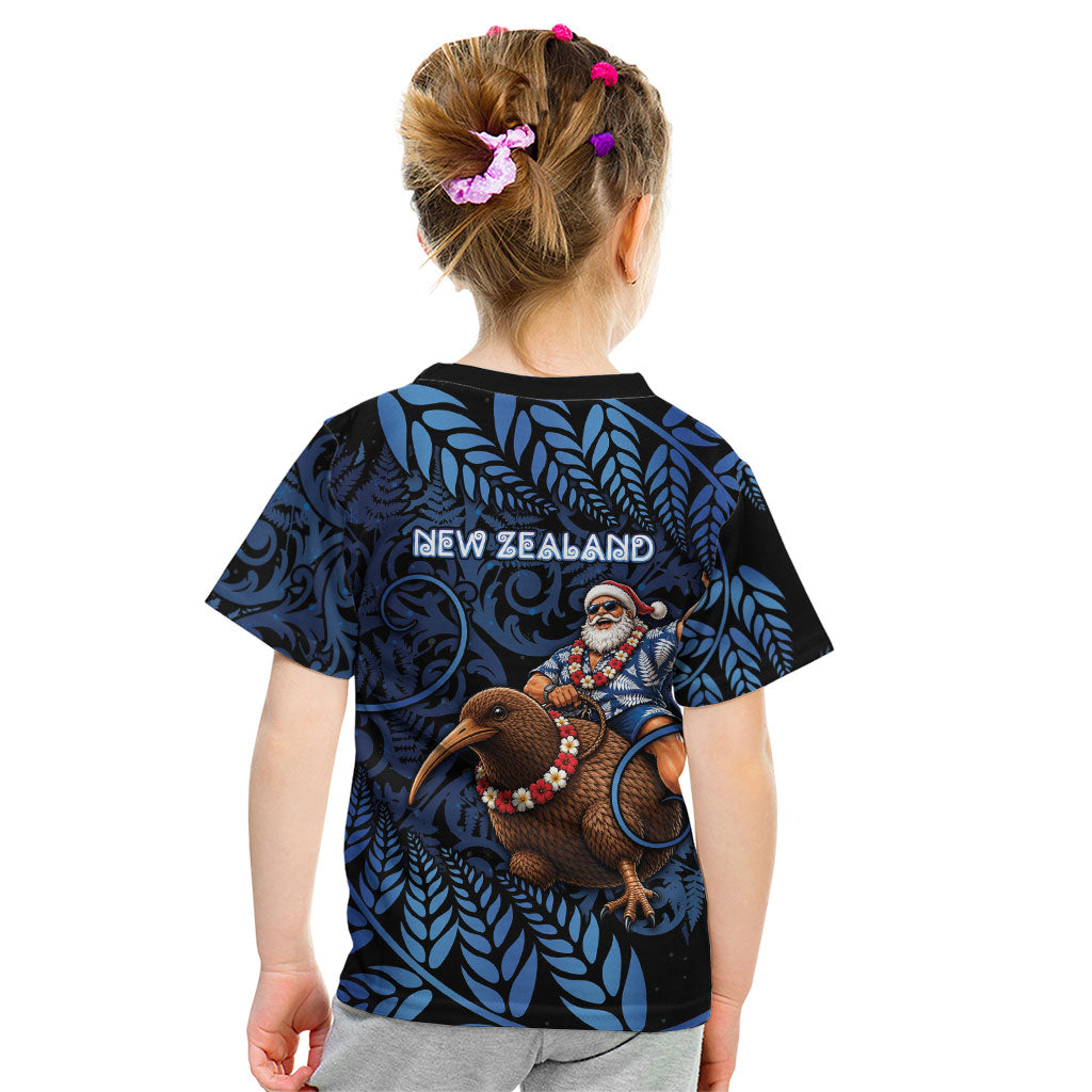 New Zealand Christmas Kid T Shirt Santa Riding Kiwi Bird Silver Fern