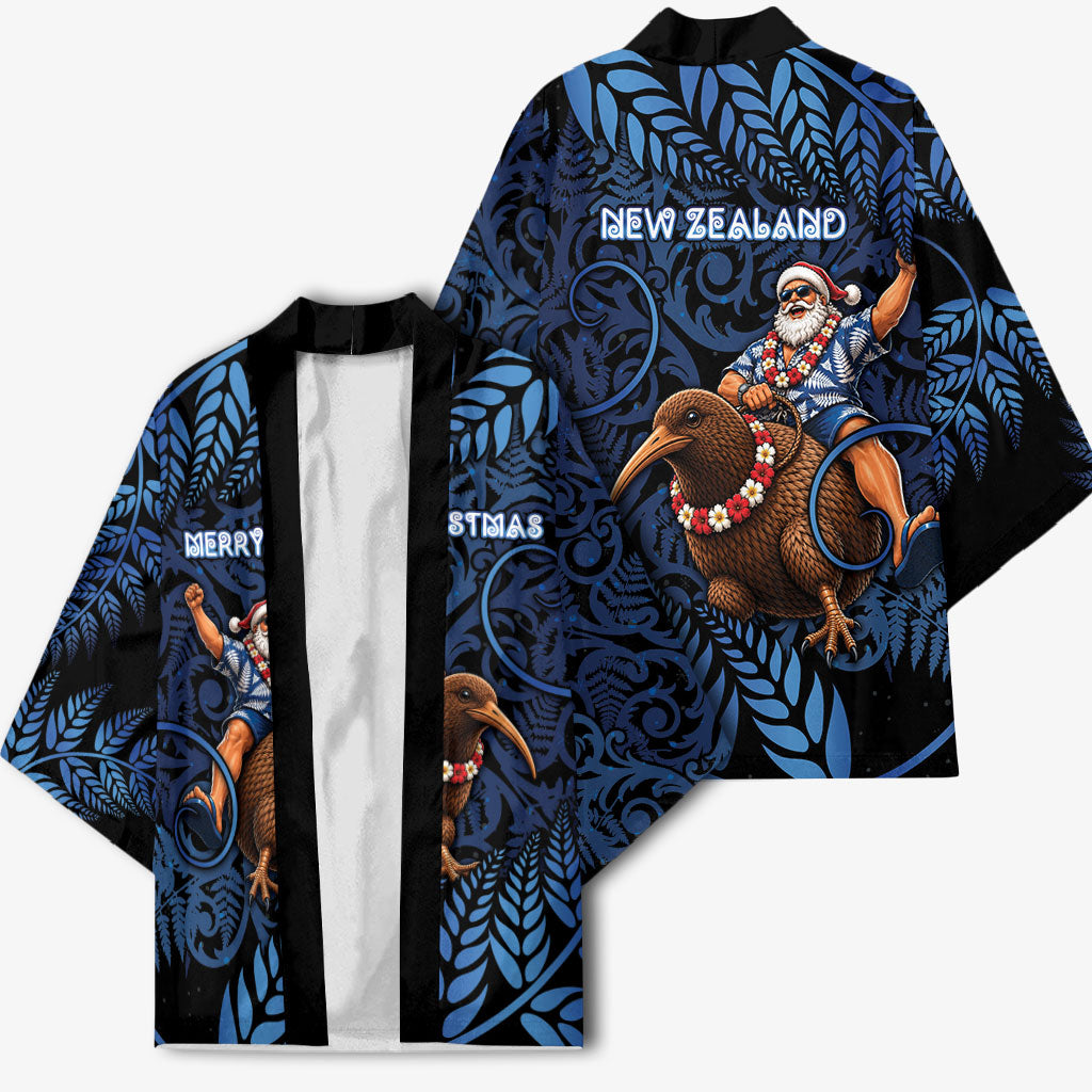 New Zealand Christmas Kimono Santa Riding Kiwi Bird Silver Fern