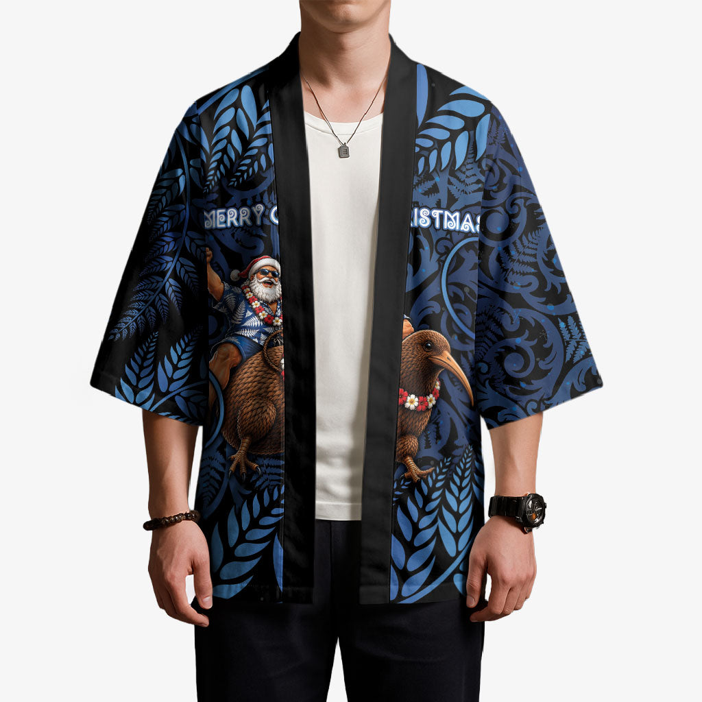 New Zealand Christmas Kimono Santa Riding Kiwi Bird Silver Fern