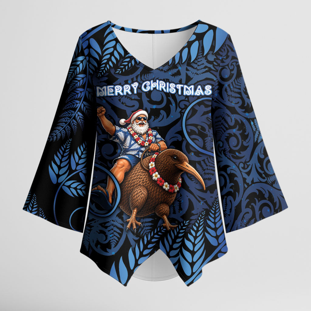 New Zealand Christmas Kimono Sleeve Blouse Santa Riding Kiwi Bird Silver Fern