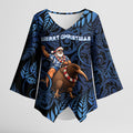 New Zealand Christmas Kimono Sleeve Blouse Santa Riding Kiwi Bird Silver Fern