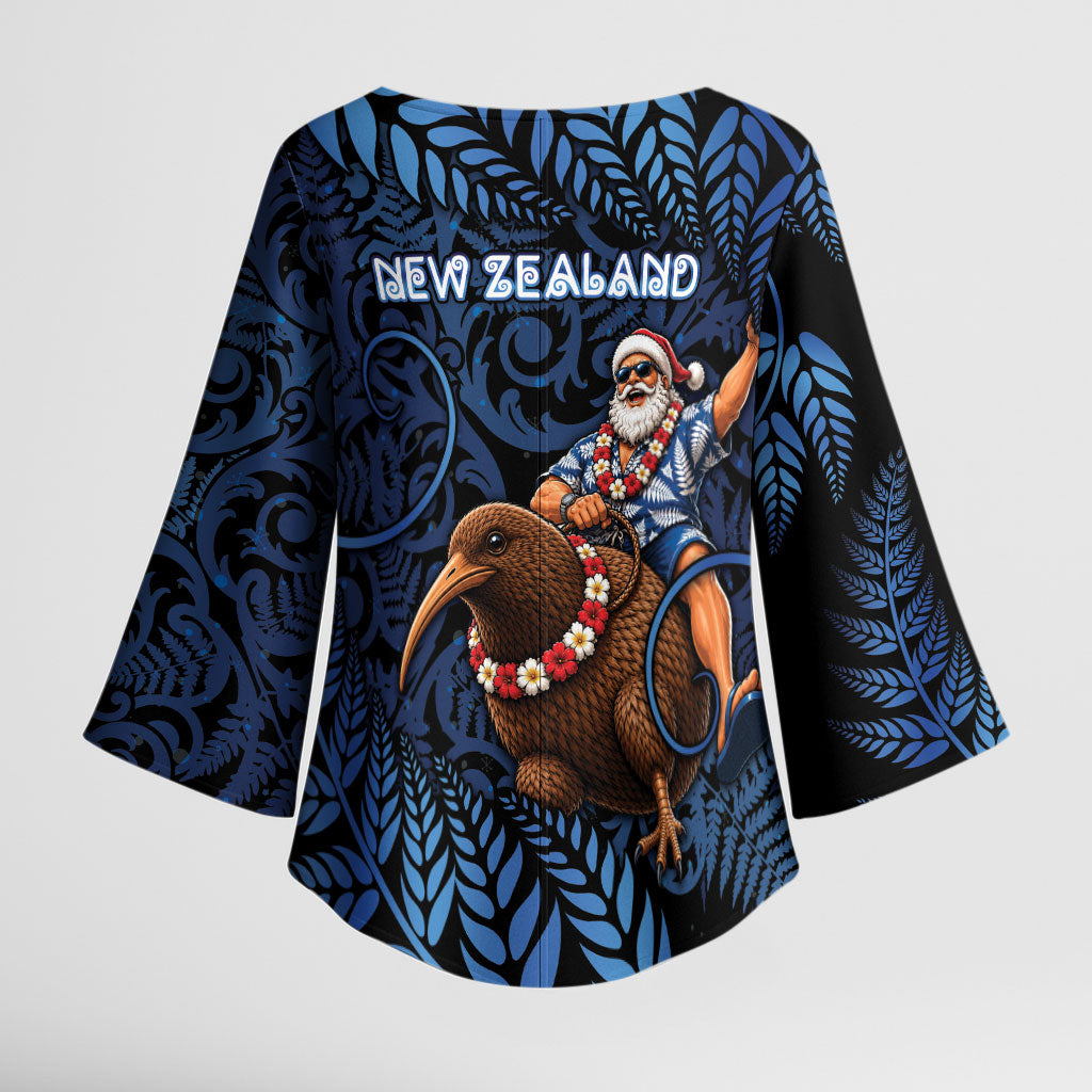New Zealand Christmas Kimono Sleeve Blouse Santa Riding Kiwi Bird Silver Fern
