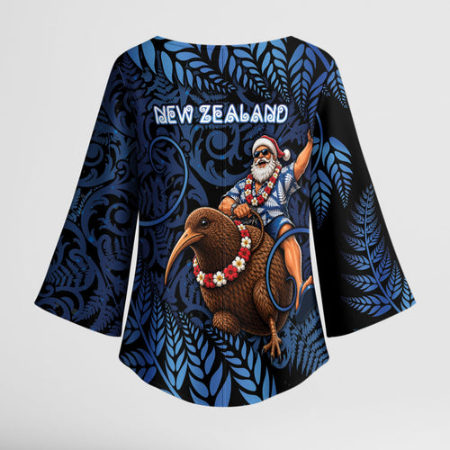 New Zealand Christmas Kimono Sleeve Blouse Santa Riding Kiwi Bird Silver Fern