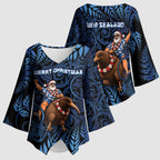 New Zealand Christmas Kimono Sleeve Blouse Santa Riding Kiwi Bird Silver Fern