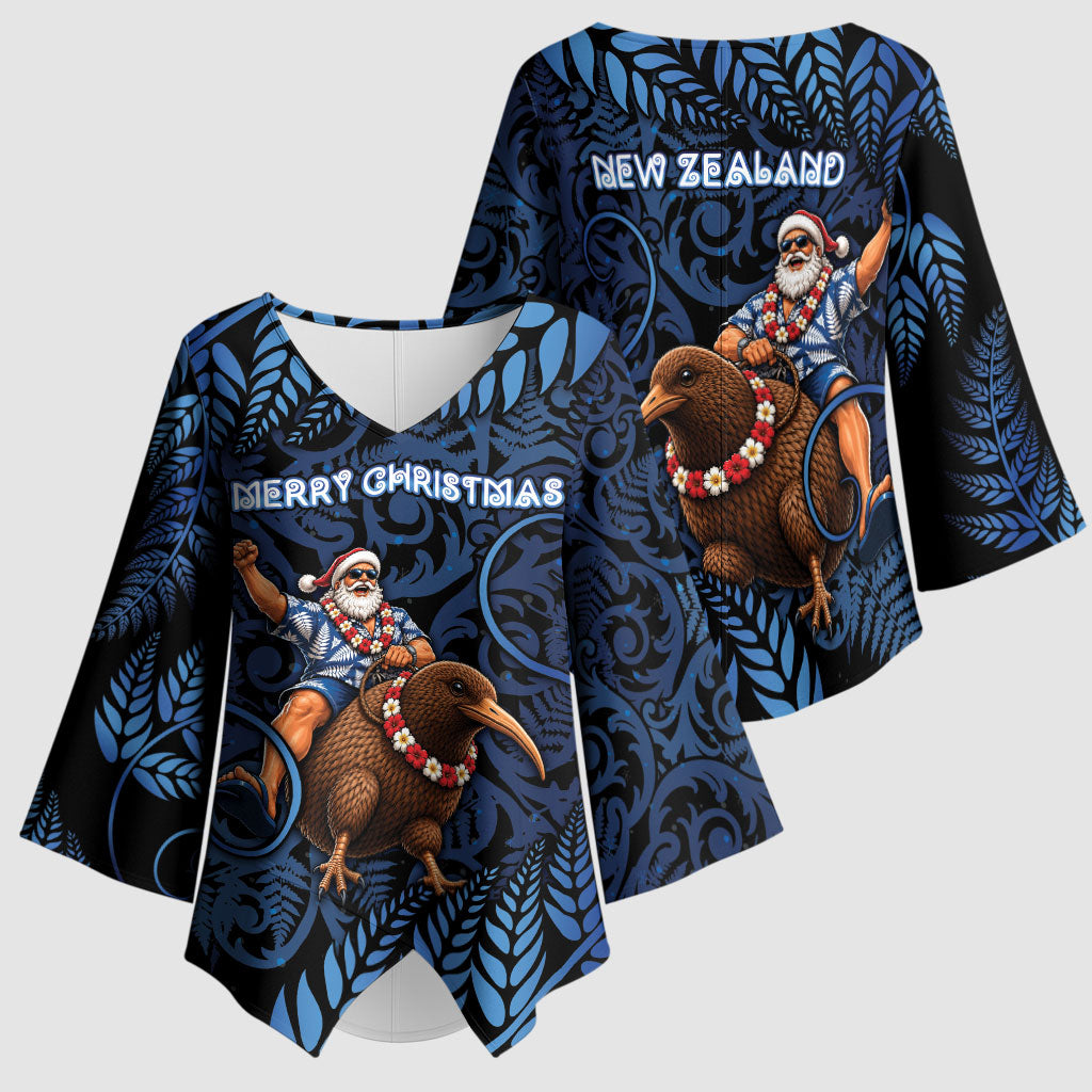 New Zealand Christmas Kimono Sleeve Blouse Santa Riding Kiwi Bird Silver Fern