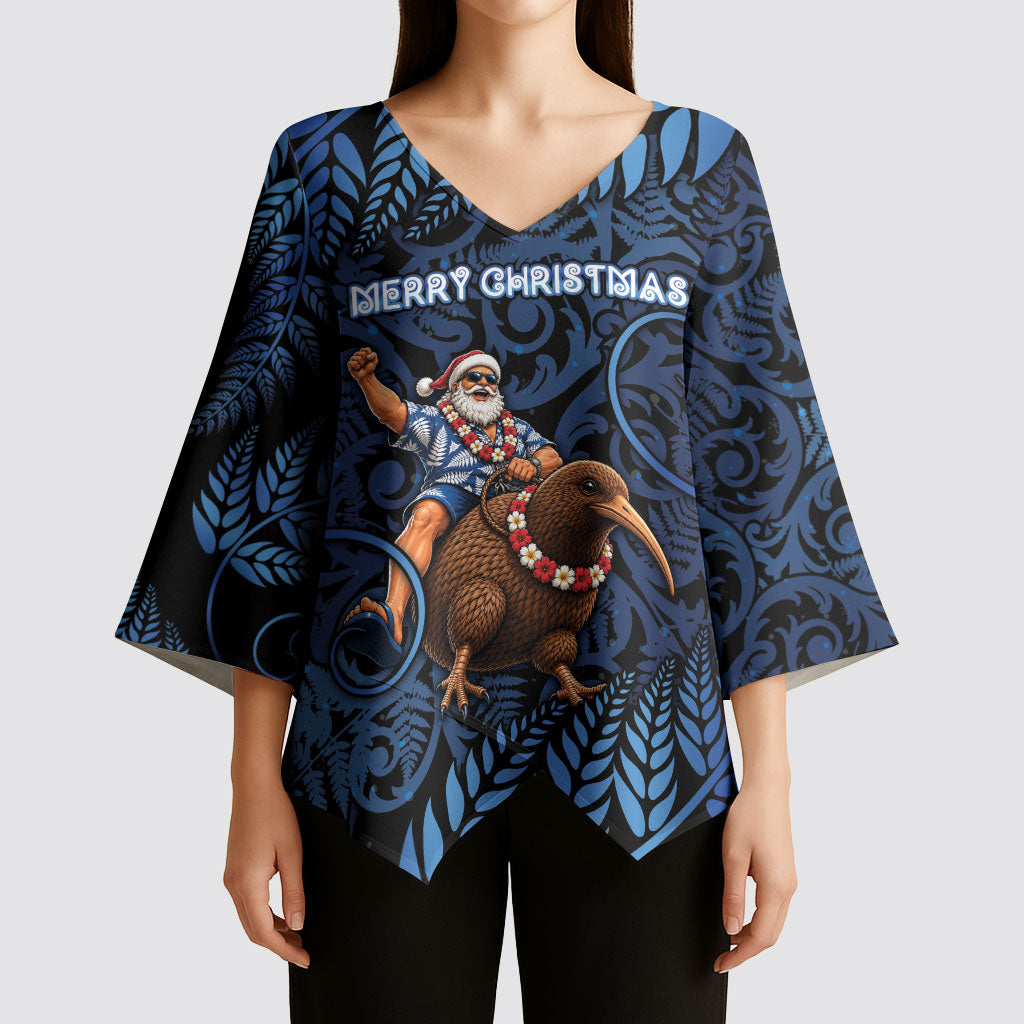 New Zealand Christmas Kimono Sleeve Blouse Santa Riding Kiwi Bird Silver Fern