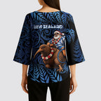 New Zealand Christmas Kimono Sleeve Blouse Santa Riding Kiwi Bird Silver Fern