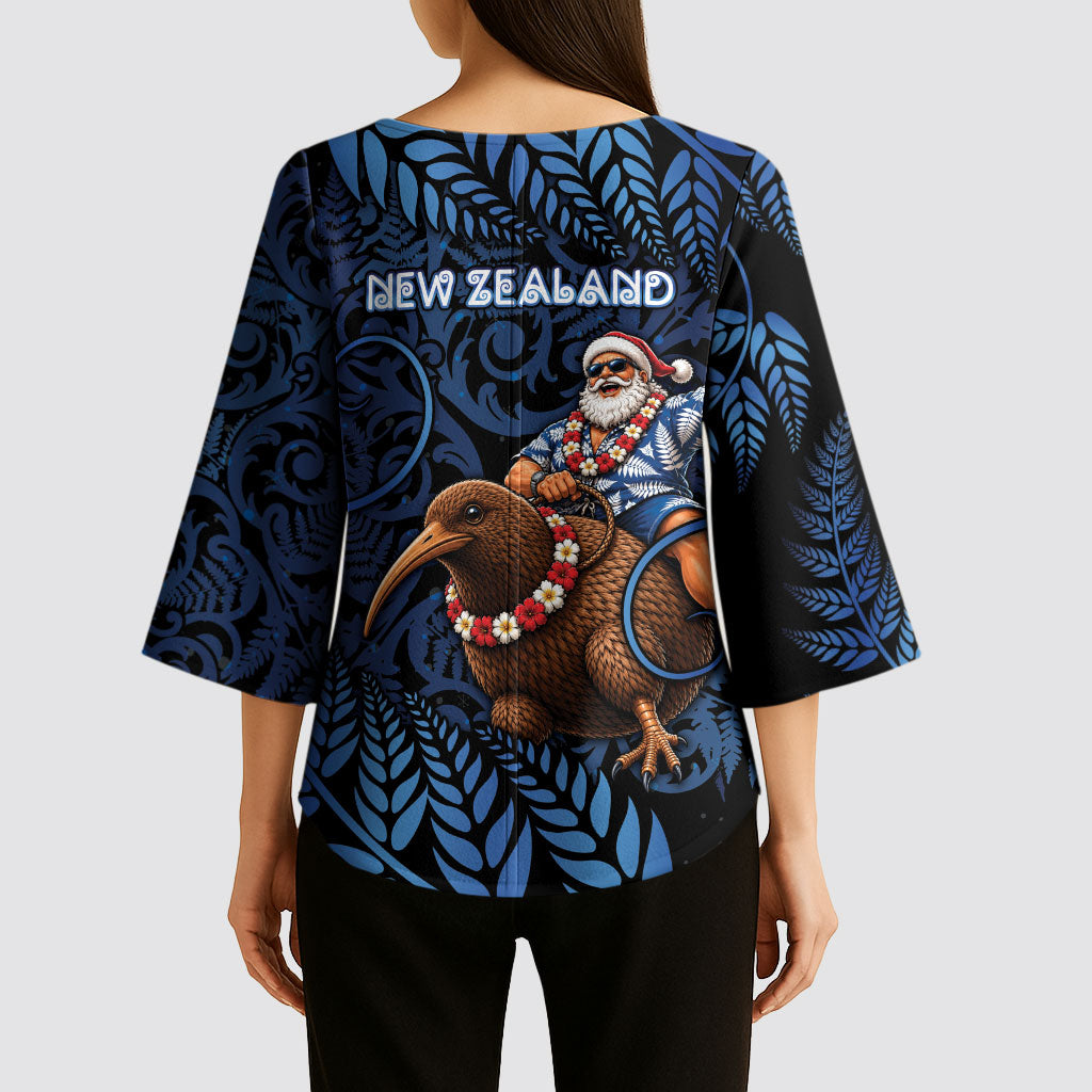 New Zealand Christmas Kimono Sleeve Blouse Santa Riding Kiwi Bird Silver Fern