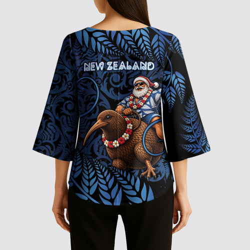 New Zealand Christmas Kimono Sleeve Blouse Santa Riding Kiwi Bird Silver Fern