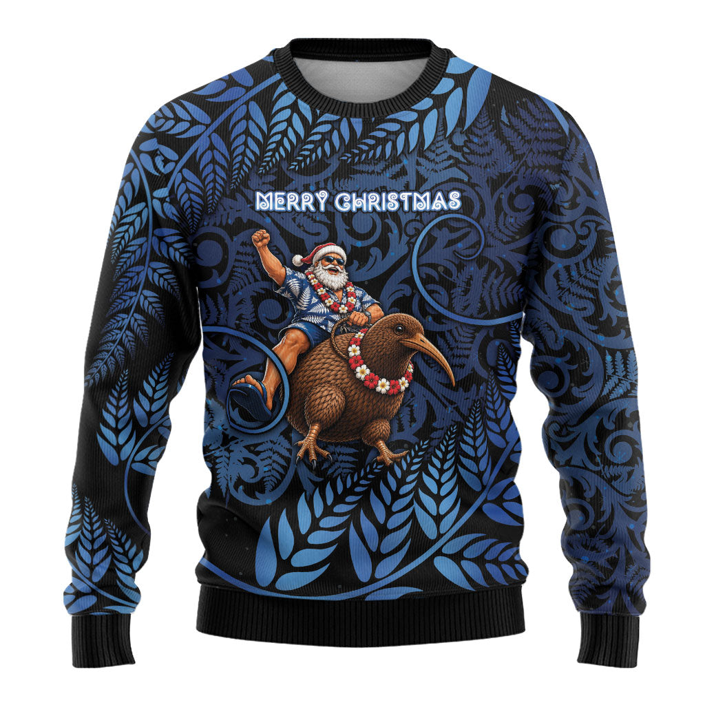 New Zealand Christmas Ugly Christmas Sweater Santa Riding Kiwi Bird Silver Fern