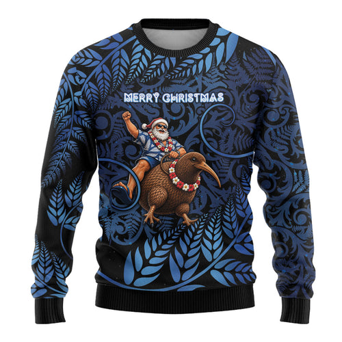 New Zealand Christmas Ugly Christmas Sweater Santa Riding Kiwi Bird Silver Fern