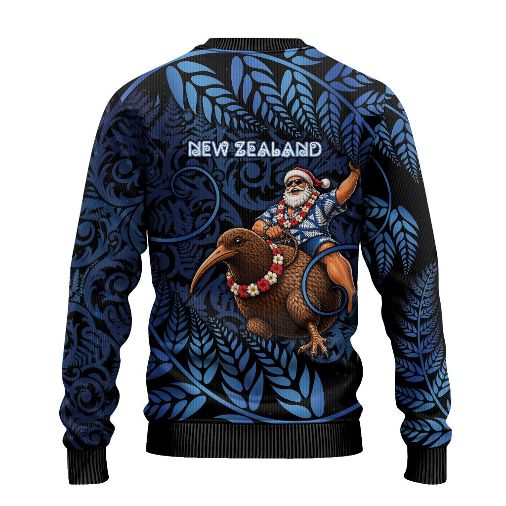 New Zealand Christmas Ugly Christmas Sweater Santa Riding Kiwi Bird Silver Fern