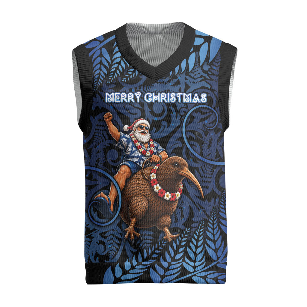 New Zealand Christmas Knitted V-Neck Vest Santa Riding Kiwi Bird Silver Fern