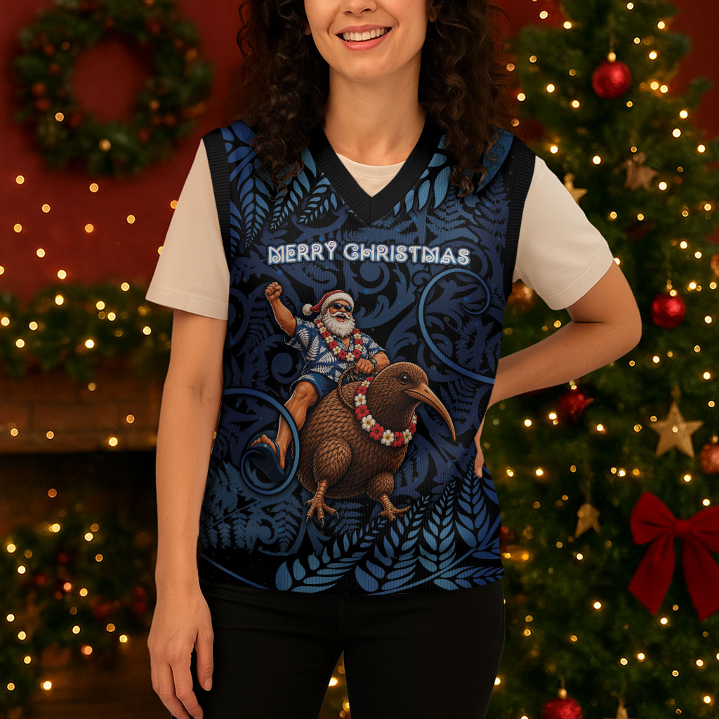 New Zealand Christmas Knitted V-Neck Vest Santa Riding Kiwi Bird Silver Fern