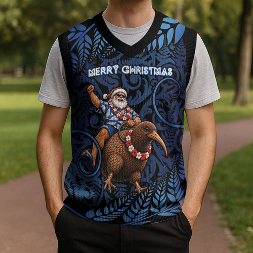 New Zealand Christmas Knitted V-Neck Vest Santa Riding Kiwi Bird Silver Fern