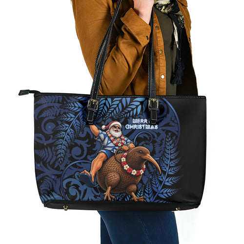 New Zealand Christmas Leather Tote Bag Santa Riding Kiwi Bird Silver Fern