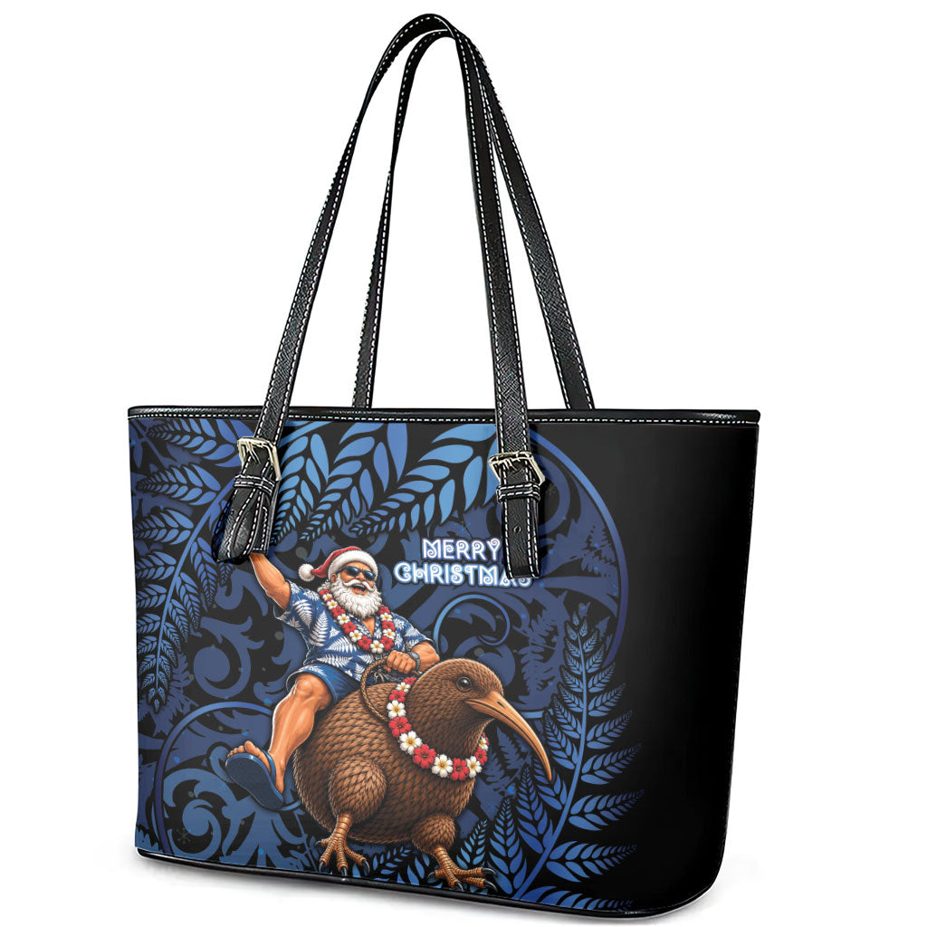 New Zealand Christmas Leather Tote Bag Santa Riding Kiwi Bird Silver Fern