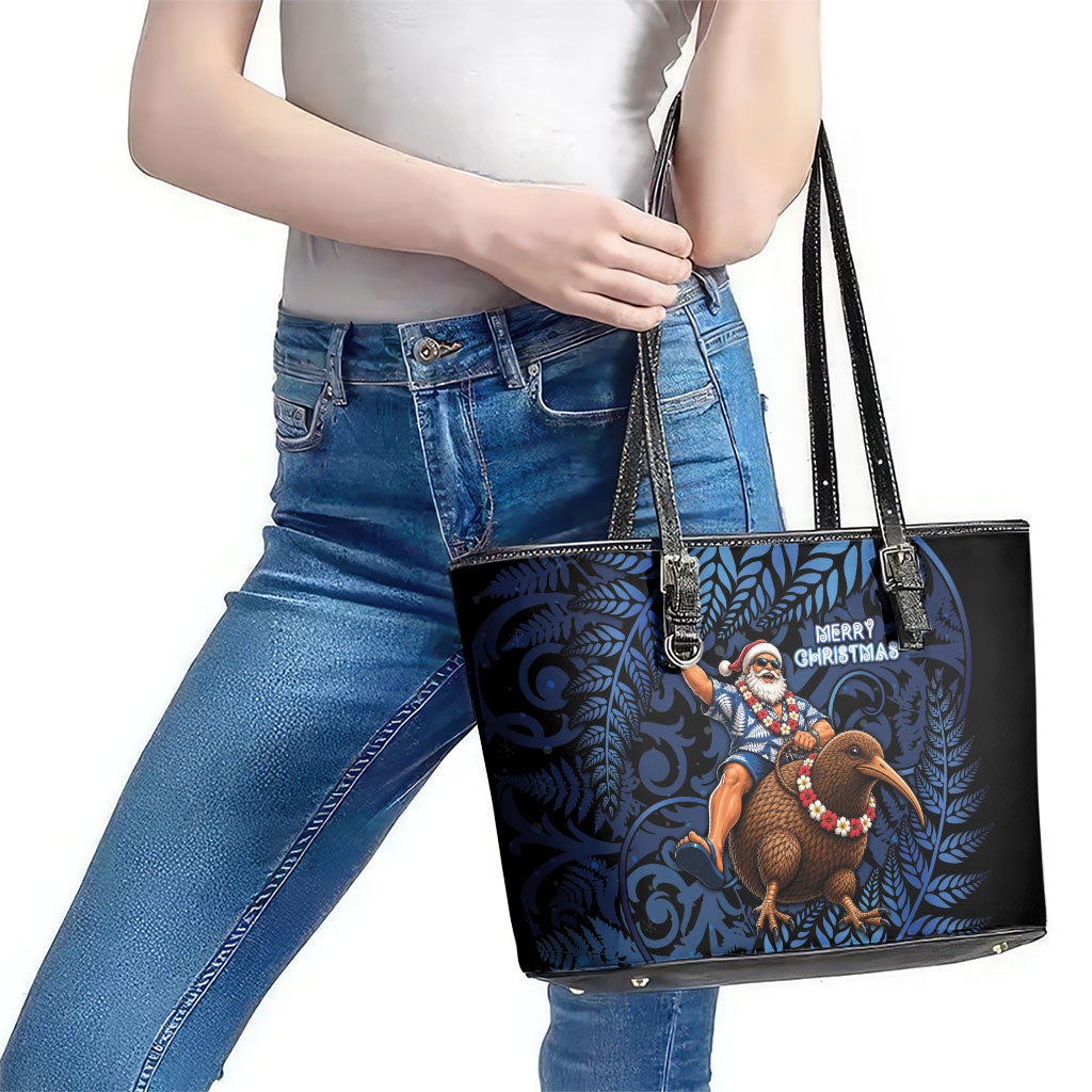 New Zealand Christmas Leather Tote Bag Santa Riding Kiwi Bird Silver Fern