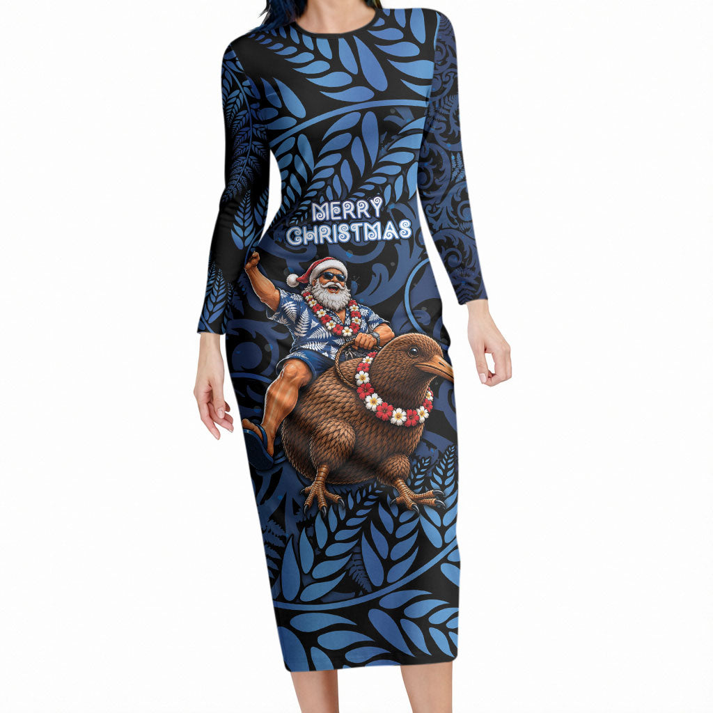 New Zealand Christmas Long Sleeve Bodycon Dress Santa Riding Kiwi Bird Silver Fern