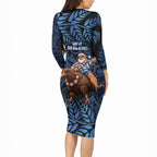 New Zealand Christmas Long Sleeve Bodycon Dress Santa Riding Kiwi Bird Silver Fern