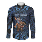 New Zealand Christmas Long Sleeve Button Shirt Santa Riding Kiwi Bird Silver Fern