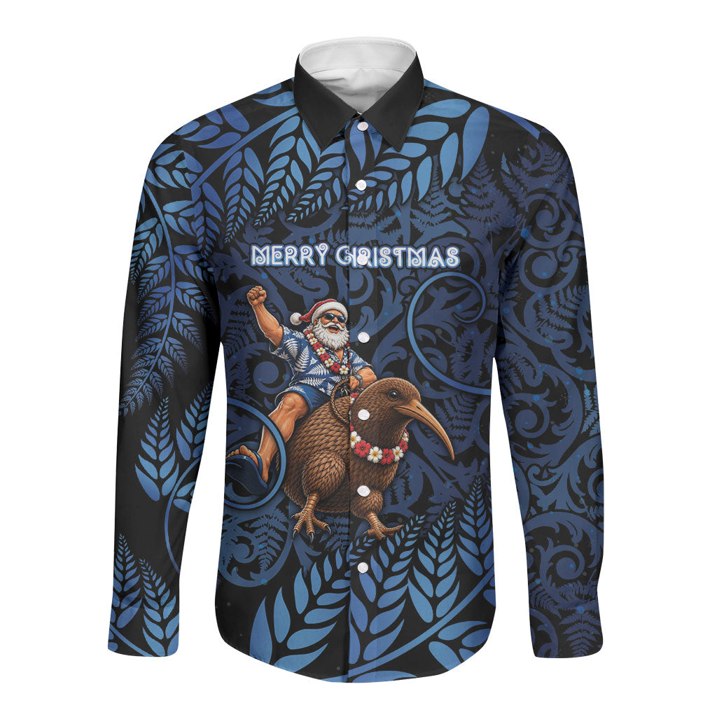 New Zealand Christmas Long Sleeve Button Shirt Santa Riding Kiwi Bird Silver Fern
