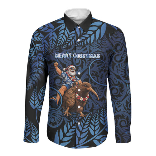 New Zealand Christmas Long Sleeve Button Shirt Santa Riding Kiwi Bird Silver Fern