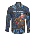 New Zealand Christmas Long Sleeve Button Shirt Santa Riding Kiwi Bird Silver Fern