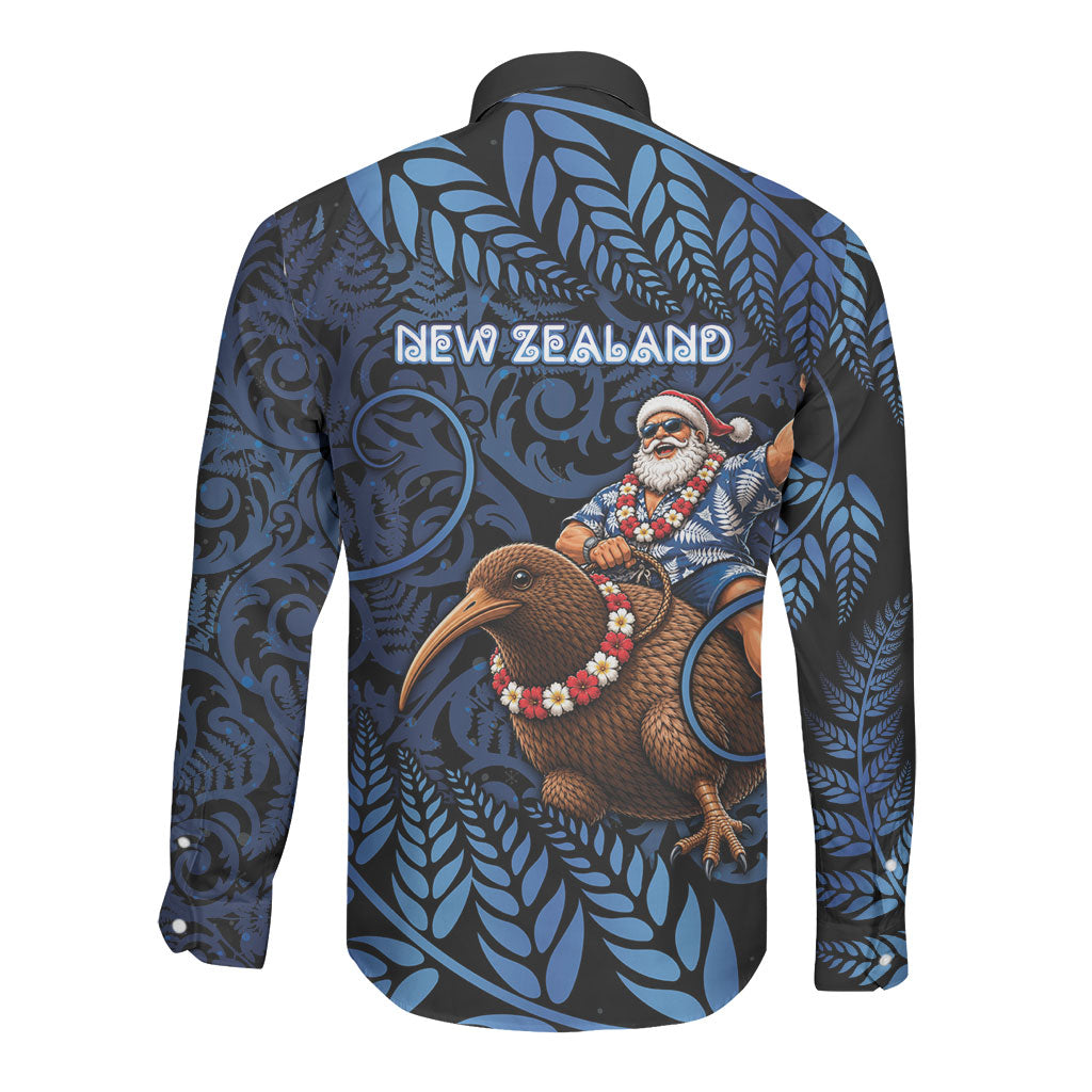 New Zealand Christmas Long Sleeve Button Shirt Santa Riding Kiwi Bird Silver Fern
