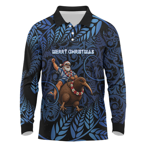 New Zealand Christmas Long Sleeve Polo Shirt Santa Riding Kiwi Bird Silver Fern