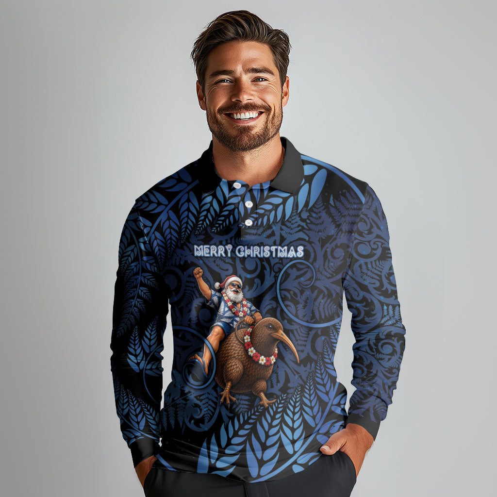 New Zealand Christmas Long Sleeve Polo Shirt Santa Riding Kiwi Bird Silver Fern