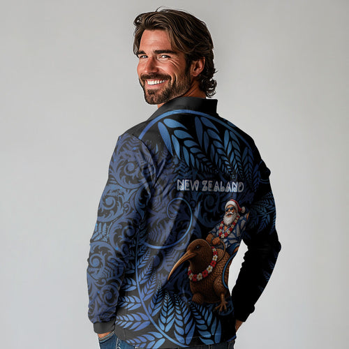 New Zealand Christmas Long Sleeve Polo Shirt Santa Riding Kiwi Bird Silver Fern