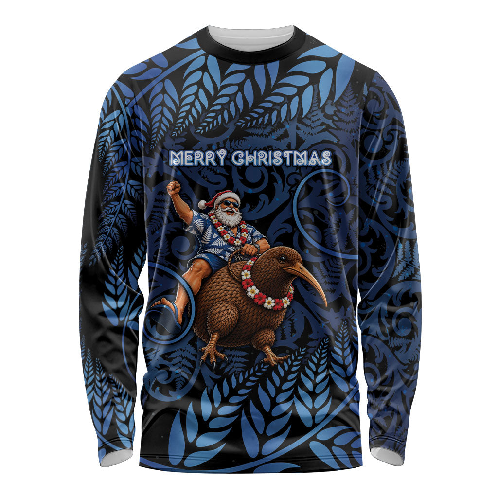 New Zealand Christmas Long Sleeve Shirt Santa Riding Kiwi Bird Silver Fern