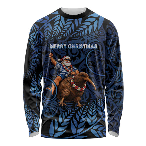 New Zealand Christmas Long Sleeve Shirt Santa Riding Kiwi Bird Silver Fern
