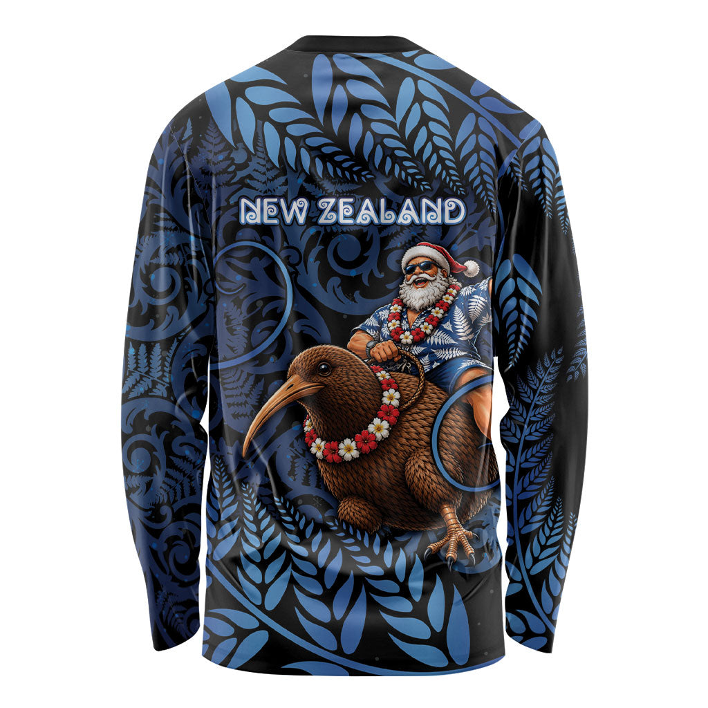 New Zealand Christmas Long Sleeve Shirt Santa Riding Kiwi Bird Silver Fern