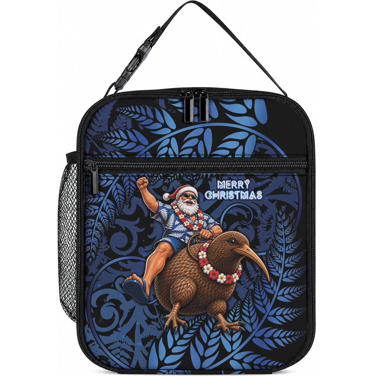 New Zealand Christmas Lunch Bag Santa Riding Kiwi Bird Silver Fern