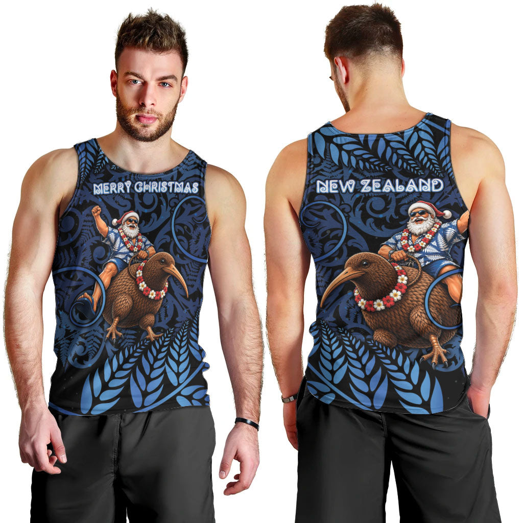 New Zealand Christmas Men Tank Top Santa Riding Kiwi Bird Silver Fern