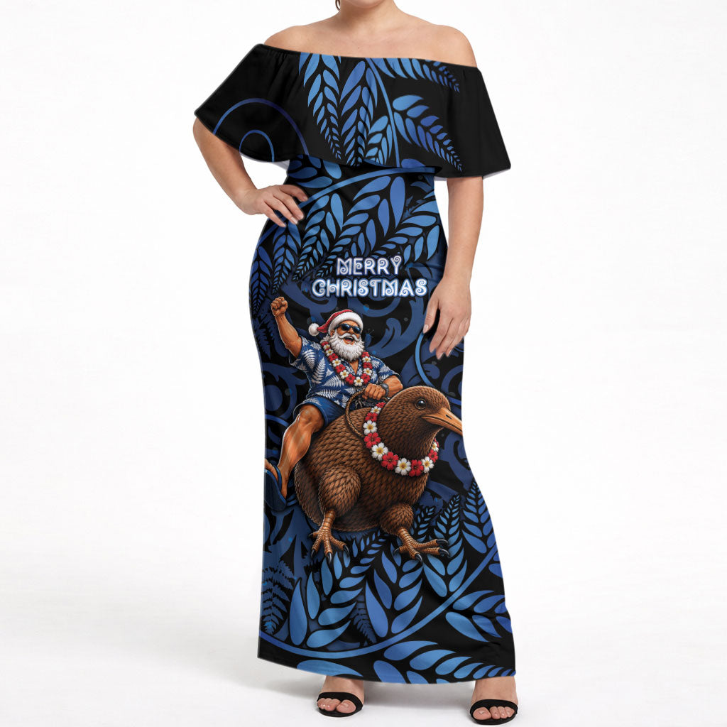 New Zealand Christmas Off Shoulder Maxi Dress Santa Riding Kiwi Bird Silver Fern