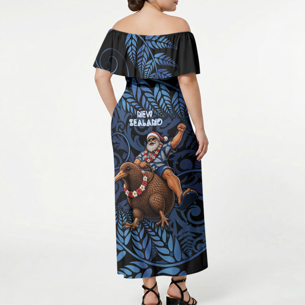 New Zealand Christmas Off Shoulder Maxi Dress Santa Riding Kiwi Bird Silver Fern