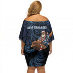 New Zealand Christmas Off Shoulder Short Dress Santa Riding Kiwi Bird Silver Fern