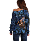New Zealand Christmas Off Shoulder Sweater Santa Riding Kiwi Bird Silver Fern