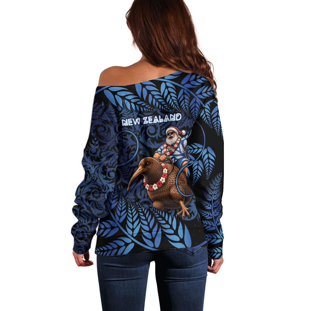 New Zealand Christmas Off Shoulder Sweater Santa Riding Kiwi Bird Silver Fern