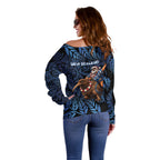 New Zealand Christmas Off Shoulder Sweater Santa Riding Kiwi Bird Silver Fern