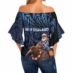New Zealand Christmas Off Shoulder Wrap Waist Top Santa Riding Kiwi Bird Silver Fern