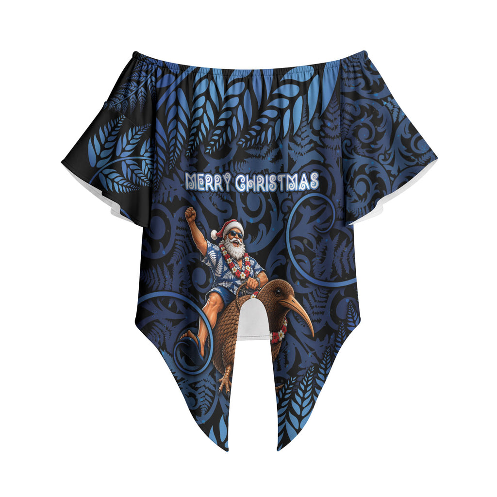 New Zealand Christmas Off Shoulder Wrap Waist Top Santa Riding Kiwi Bird Silver Fern